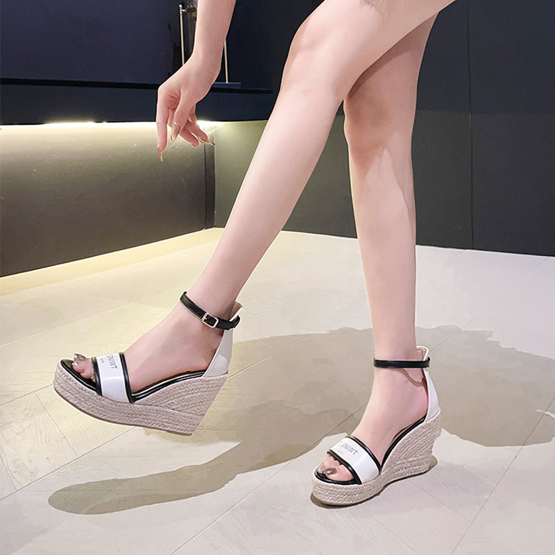 2026年春季韩版坡跟一字带凉鞋麻绳编织厚底防水台露趾百搭增高鞋,女鞋,一字带凉鞋,淘宝优惠券,粉丝福利购,淘宝优惠卷
