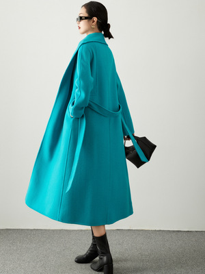 秋冬双面羊绒方领巴黎蓝长款大衣