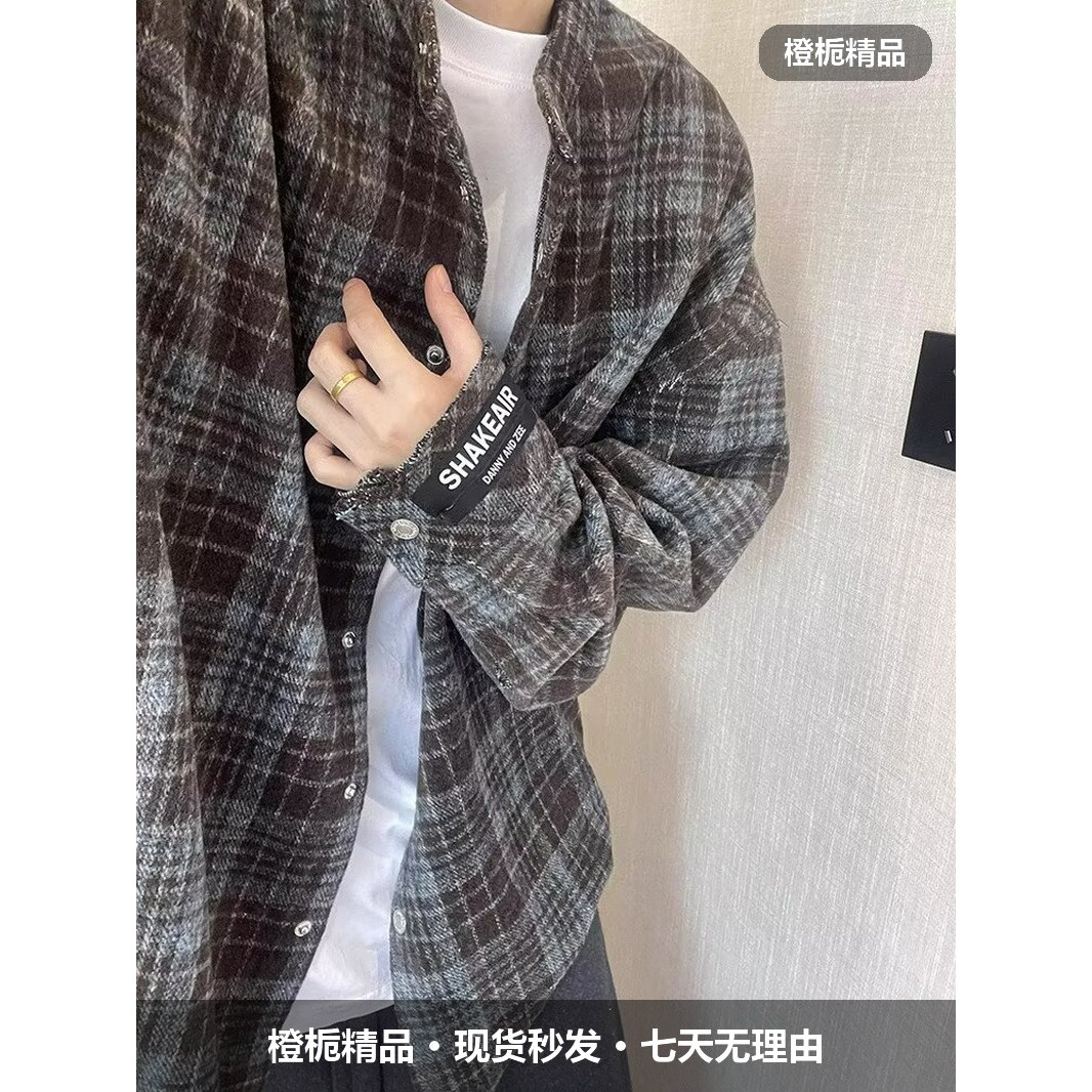 衬衫男春秋格子宽松复古毛呢立领百搭