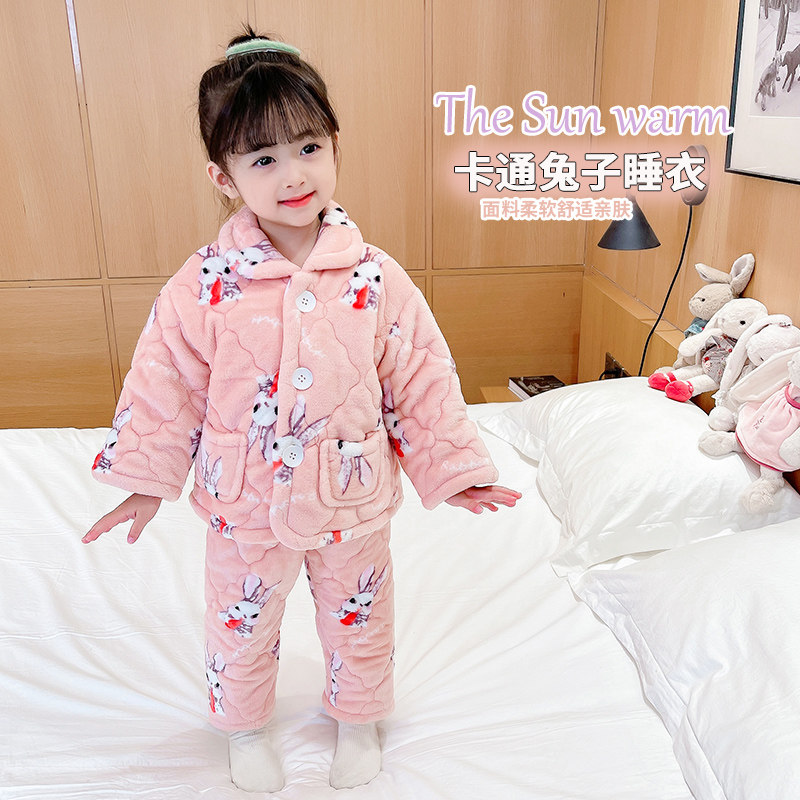 GIRLS PAJAMAS AUTUMN AND WINTER CORAL VELVET CHILDRENS WINTER CLOTHES BABY JACKET COTTON AND FLEECE THICKENED WARM FLANNEL LOUNGEWEAR