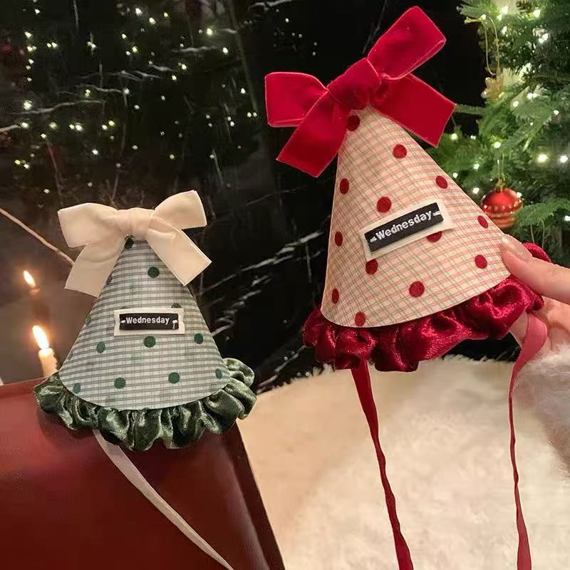 叮铃叮~丝绒蝴蝶结波点圣诞帽发夹少女系带生日帽子发箍拍照道具