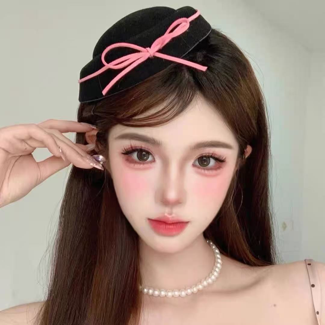 韩系可爱黑色丝绒蝴蝶结礼帽甜美少女jk圆顶贝雷帽水手海军帽