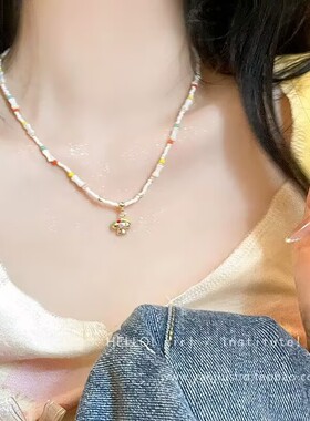 夏日多巴胺珍珠项链女生甜酷彩色串珠竹节配饰锁骨链高级感脖颈
