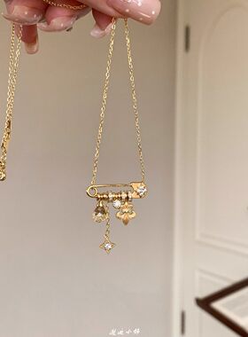 金色拉丝鸢尾花2025中古星芒别针项链轻奢小众设计感高级感锁骨