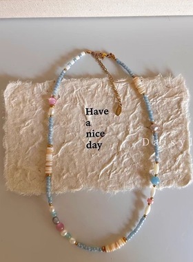 春夏清新度假风彩色串珠项链小众设计感时尚百搭甜美锁骨链批发