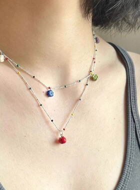 春夏新款叠戴彩色小花朵吊坠锁骨链女款可爱红苹果吊坠项链配