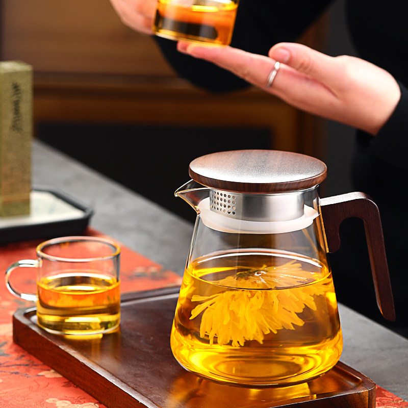 耐热玻璃泡茶壶胡桃木把