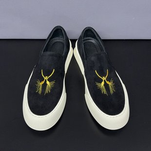 休闲板鞋男真皮一脚蹬男鞋个性流苏图案刺绣潮鞋牛皮磨砂皮乐福鞋