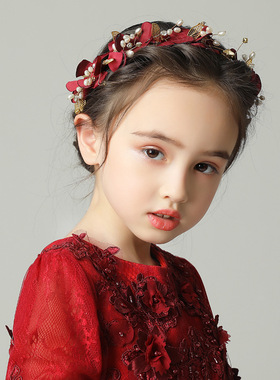 亚马逊红色儿童女童皇冠头饰花童公主发箍演出发饰古风花朵蝴蝶结