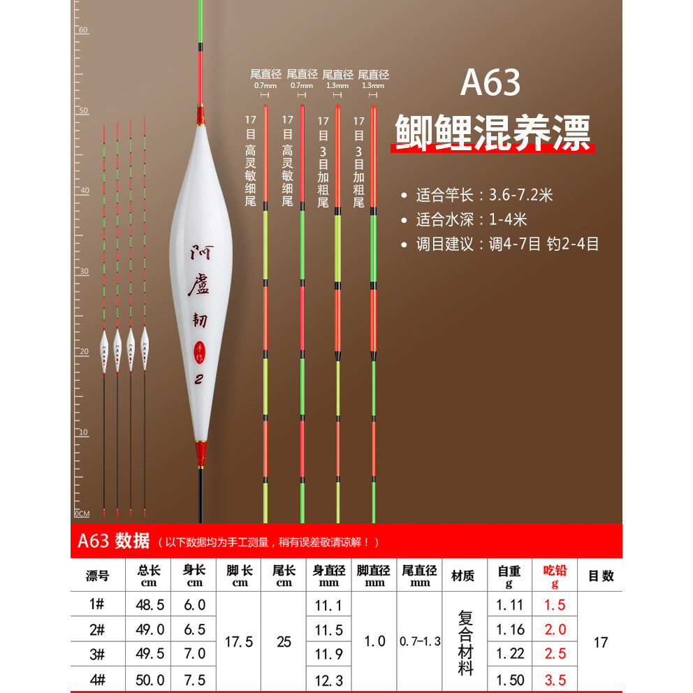 阿卢韧A63长50公分浮漂正品黑坑正钓竞技休闲鲫鱼鲤鱼手工
