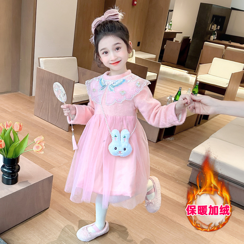 女童披肩连衣裙秋冬季洋气加厚儿童水貂绒女孩公主裙加绒宝宝裙子