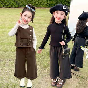 高级感女童呢子套装春装洋气儿童马甲春秋时髦女孩宝宝衣服三件套