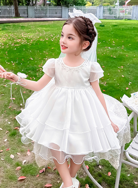 儿童礼服公主裙女童蓬蓬裙夏季女孩生日花童婚纱主持人白色演出服