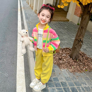 秋裝 女童運動套裝 洋氣彩條兒童衛(wèi)衣女寶寶外套春秋多巴胺女孩衣服