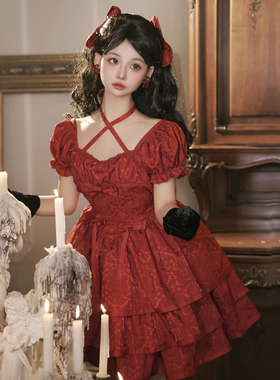 荆棘蔷薇原创lolita裙正版短袖op三段式蓬蓬裙红色洛丽塔洋装lo裙