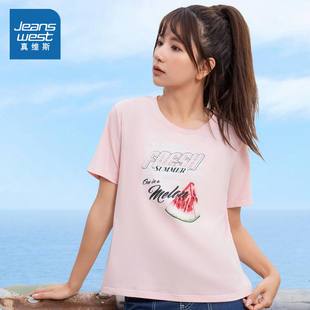 T恤 JW真维斯女装 春夏季 新款 甜美通勤棉盖丝圆领西瓜印花短袖