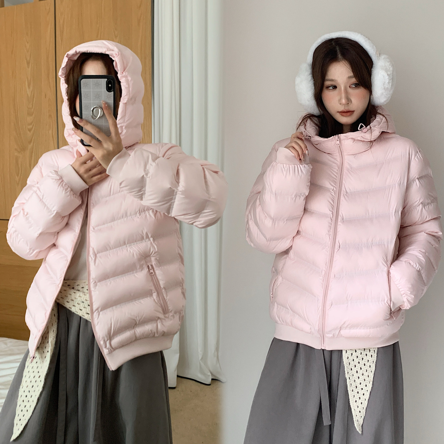 撞色拼接短款排骨充绒免洗棉服女