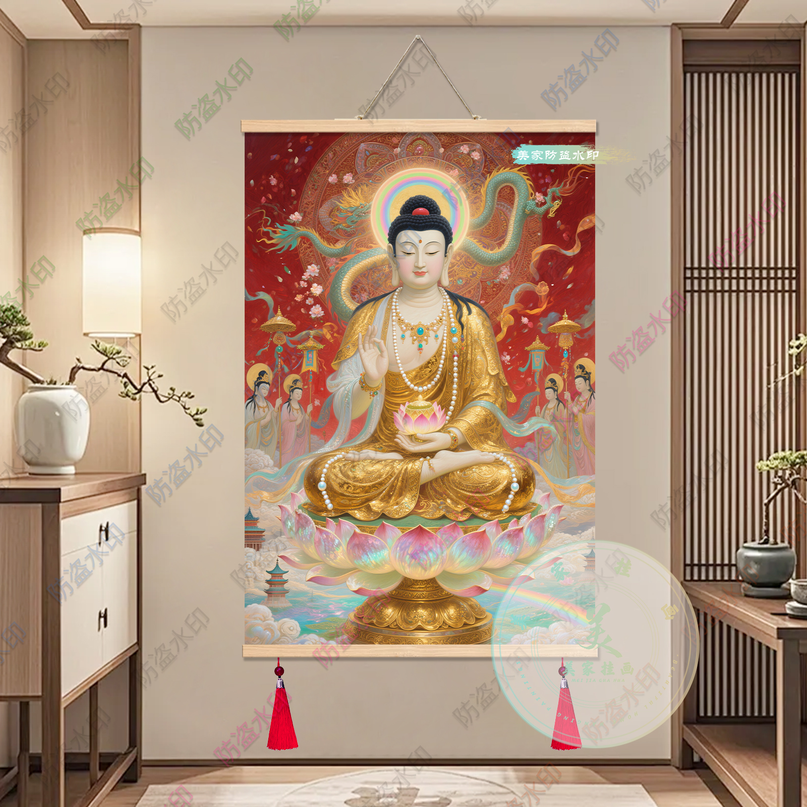 阿弥陀佛像装饰画无量寿佛客厅玄关无框喷绘免打孔防水卷轴挂画