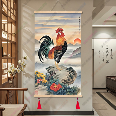 金鸡报晓玄关装饰画新中式大吉大利进门客厅走廊实木卷轴挂画