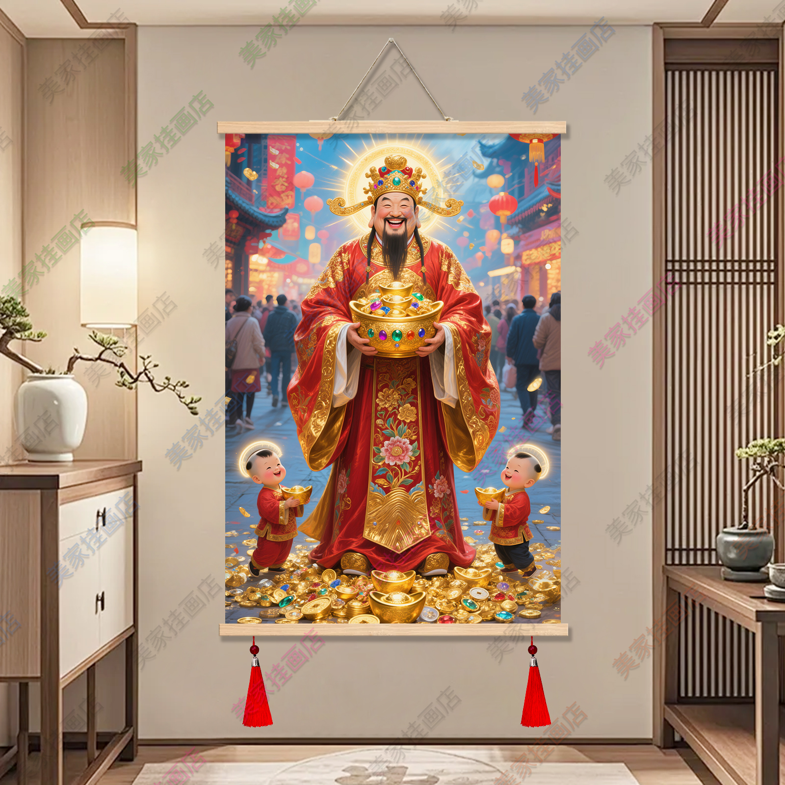 财神爷新中式玄关装饰画餐厅饭店走廊进门招财开业挂画风水装饰画图片