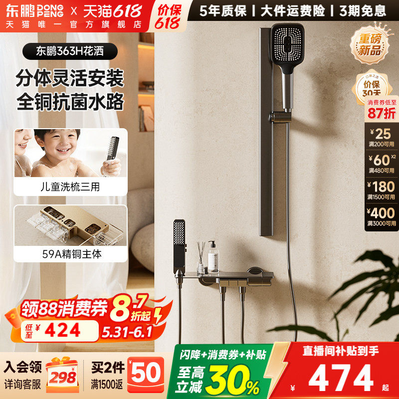 东鹏卫浴枪灰色无顶喷花洒套装小户型全铜水路简易分体式淋浴花洒