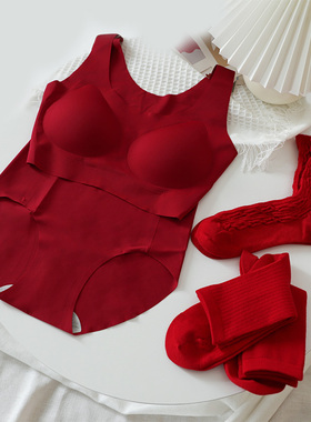 一期一会礼盒本命年红色内衣套装女士大胸显小无钢圈文胸鸿运当头