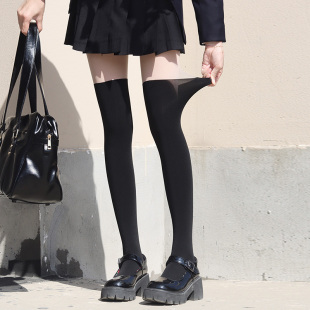 秋冬加绒保暖拼接双层光腿神器黑色过膝日系JK少女学院风连裤袜