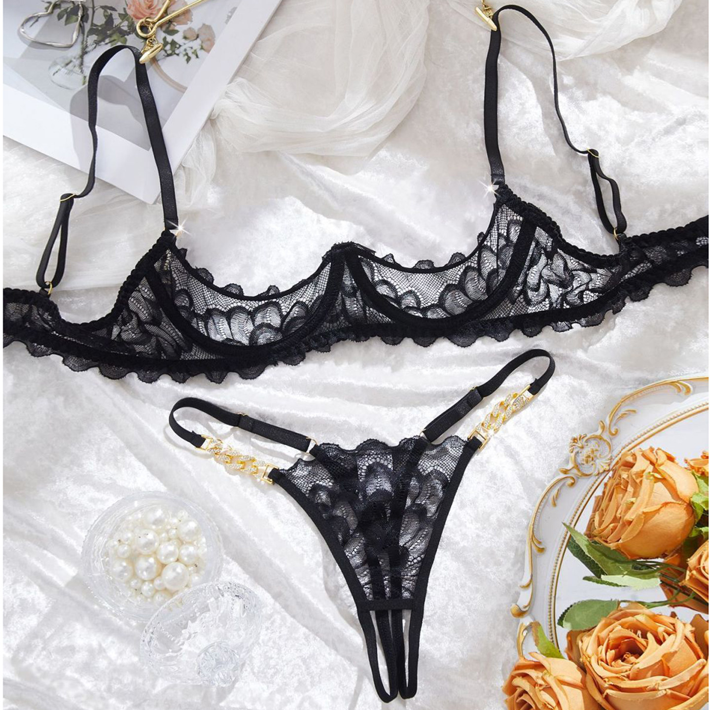 跨境法式水钻蕾丝性感内衣超辣纯欲风文胸套装钢圈聚拢半罩杯乳罩