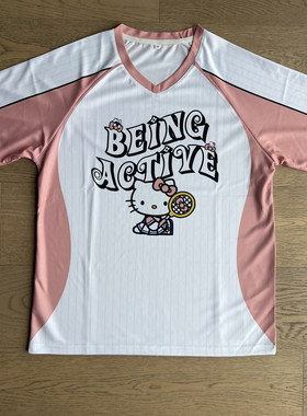 2025新hellokitty淡条纹羽毛球服女短袖上衣透气速干球服情侣定制