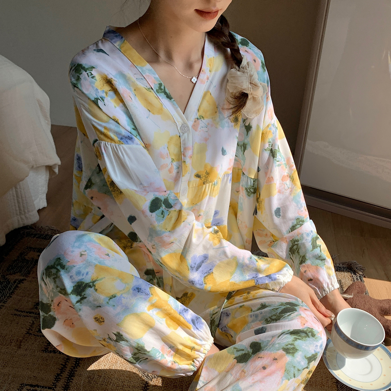 超火棉绸睡衣女春秋夏长袖薄绵绸家居服妈妈人造棉套装大码200斤