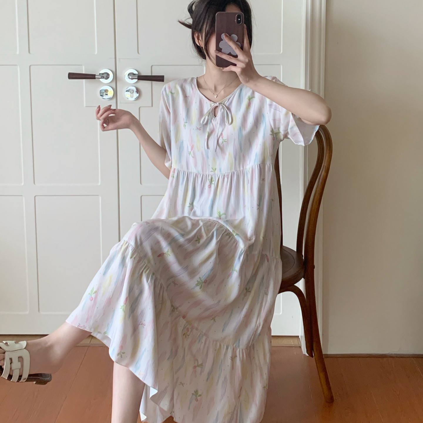 棉绸睡裙女夏短袖裙子绵绸人造棉居家长款睡衣裙连衣裙薄大码漂亮