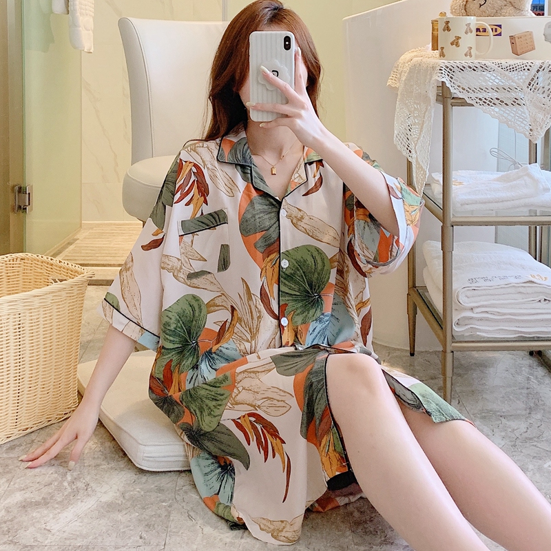 棉绸睡裙女夏短袖衬衫睡衣人造棉睡衣裙绵绸连衣裙大码外穿200斤