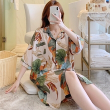 棉绸睡裙女夏短袖衬衫睡衣人造棉睡衣裙绵绸连衣裙大码外穿200斤