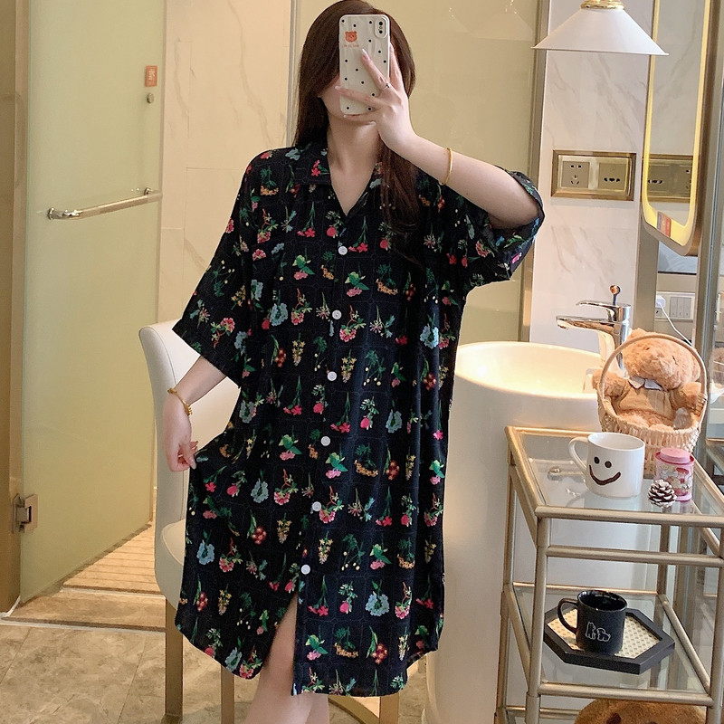 棉绸睡裙女夏短袖绵绸衬衫睡衣妈妈人造棉孕妇连衣裙大码爆款流行