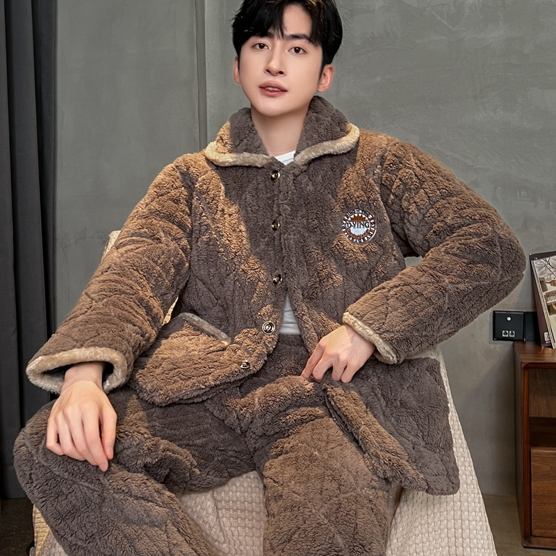 三层加厚夹棉睡衣珊瑚绒男冬加绒法兰绒套装家居服毛绒大码可外穿