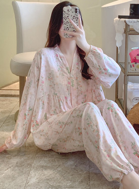 流行爆款棉绸睡衣女春秋长袖夏薄款人造棉妈妈家居服绵绸大码套装