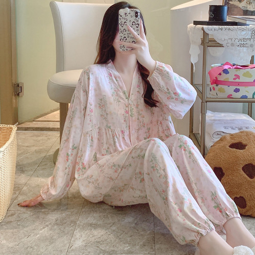 流行爆款棉绸睡衣女春秋长袖夏薄款人造棉妈妈家居服绵绸大码套装