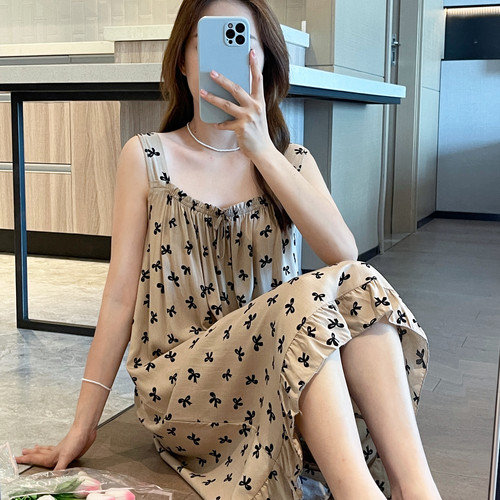 吊带睡裙女夏棉绸睡衣妈妈人造棉连衣裙绵绸孕妇居家裙子大码胖MM