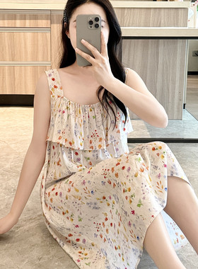 外穿防凸点棉绸睡裙女夏吊带睡衣性感人造棉连衣裙孕妇薄居家大码