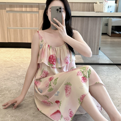 外穿防凸点棉绸睡裙女夏吊带睡衣人造棉连衣裙孕妇薄大码胖MM可爱