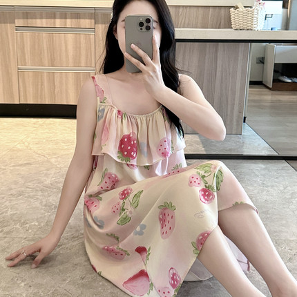 外穿防凸点棉绸睡裙女夏吊带睡衣人造棉连衣裙孕妇薄大码胖MM可爱