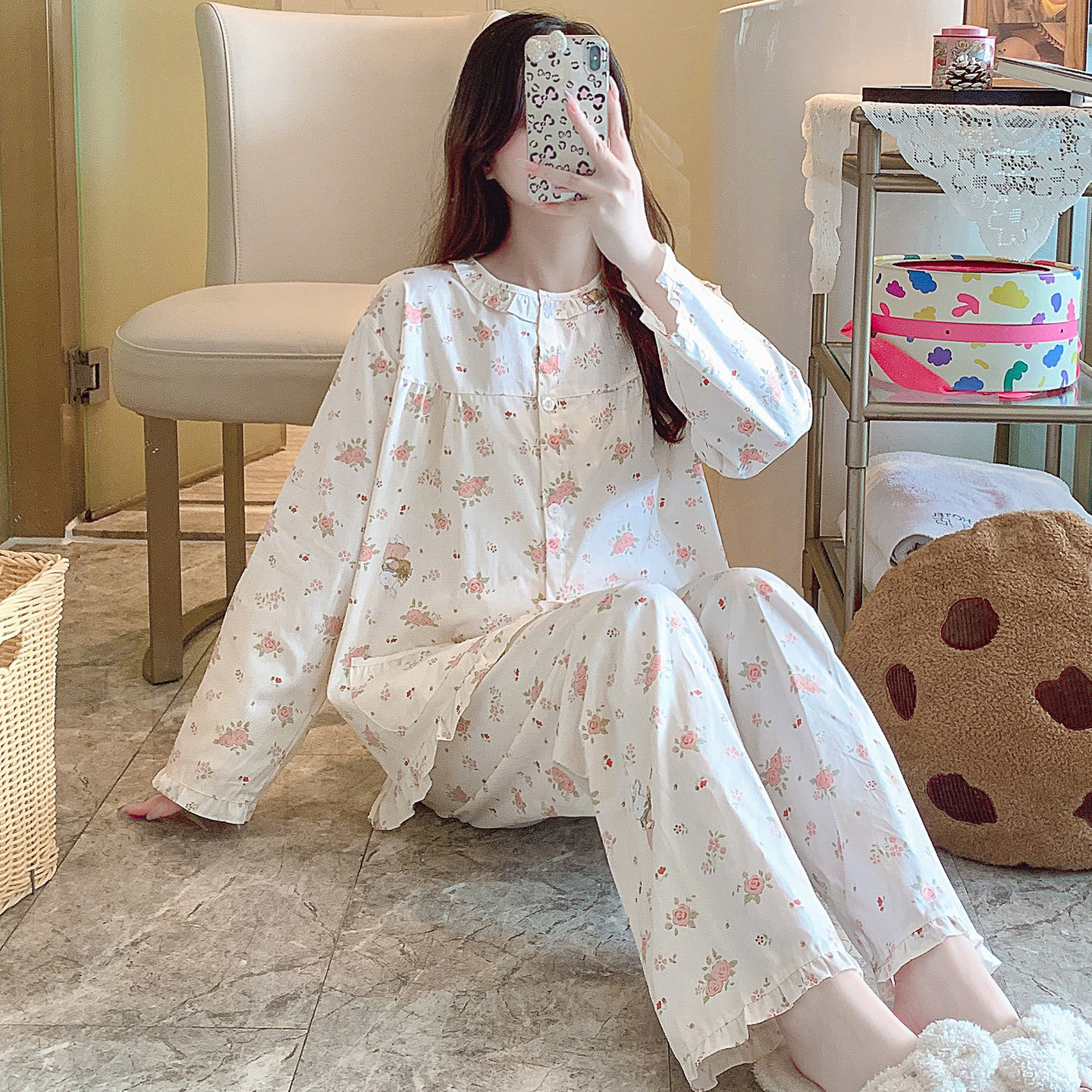 纯棉睡衣女春秋长袖夏100全棉家居服妈妈薄棉布套装空调大码胖mm