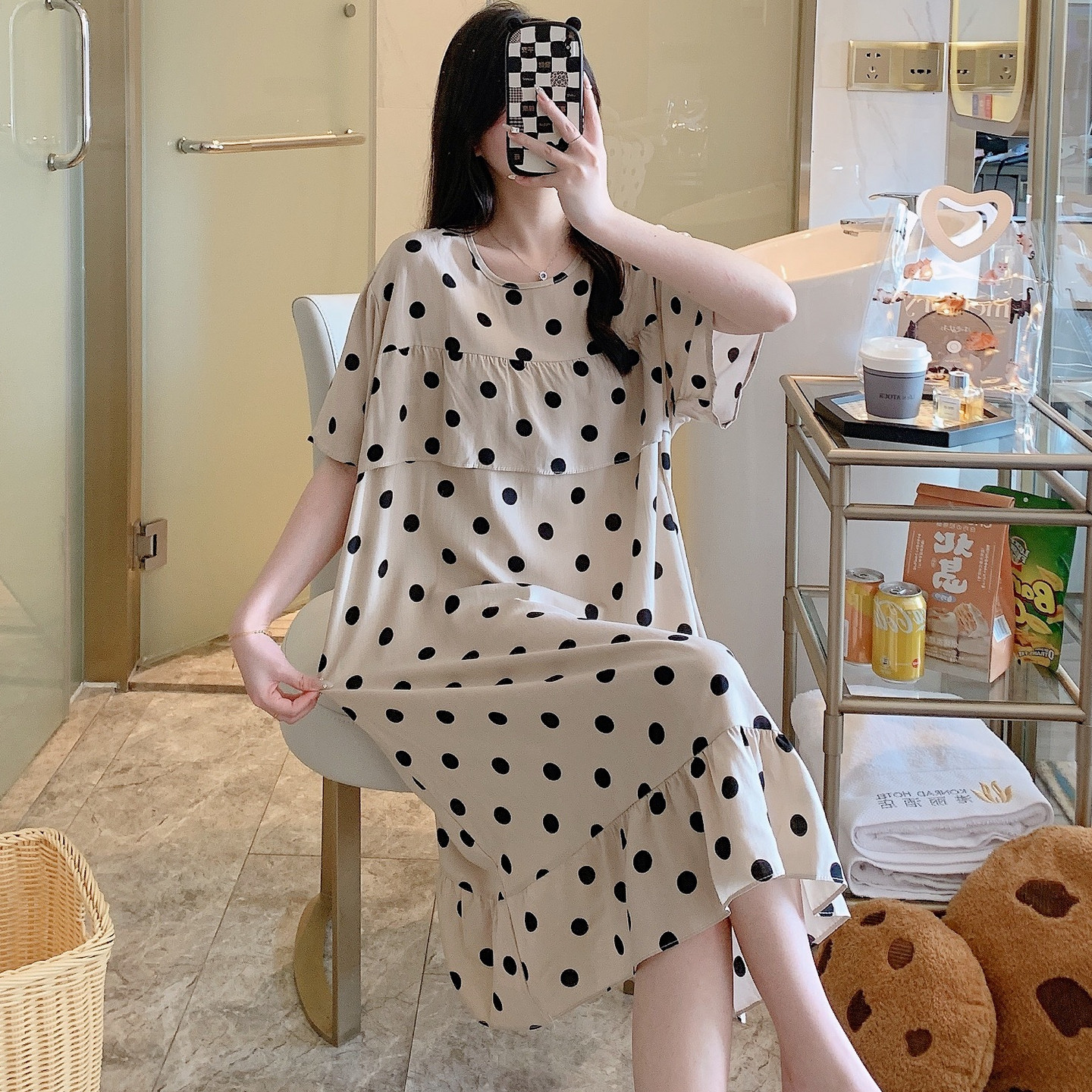 防凸点棉绸睡裙女夏绵绸妈妈睡衣孕妇人造棉连衣裙薄居家裙子爆款