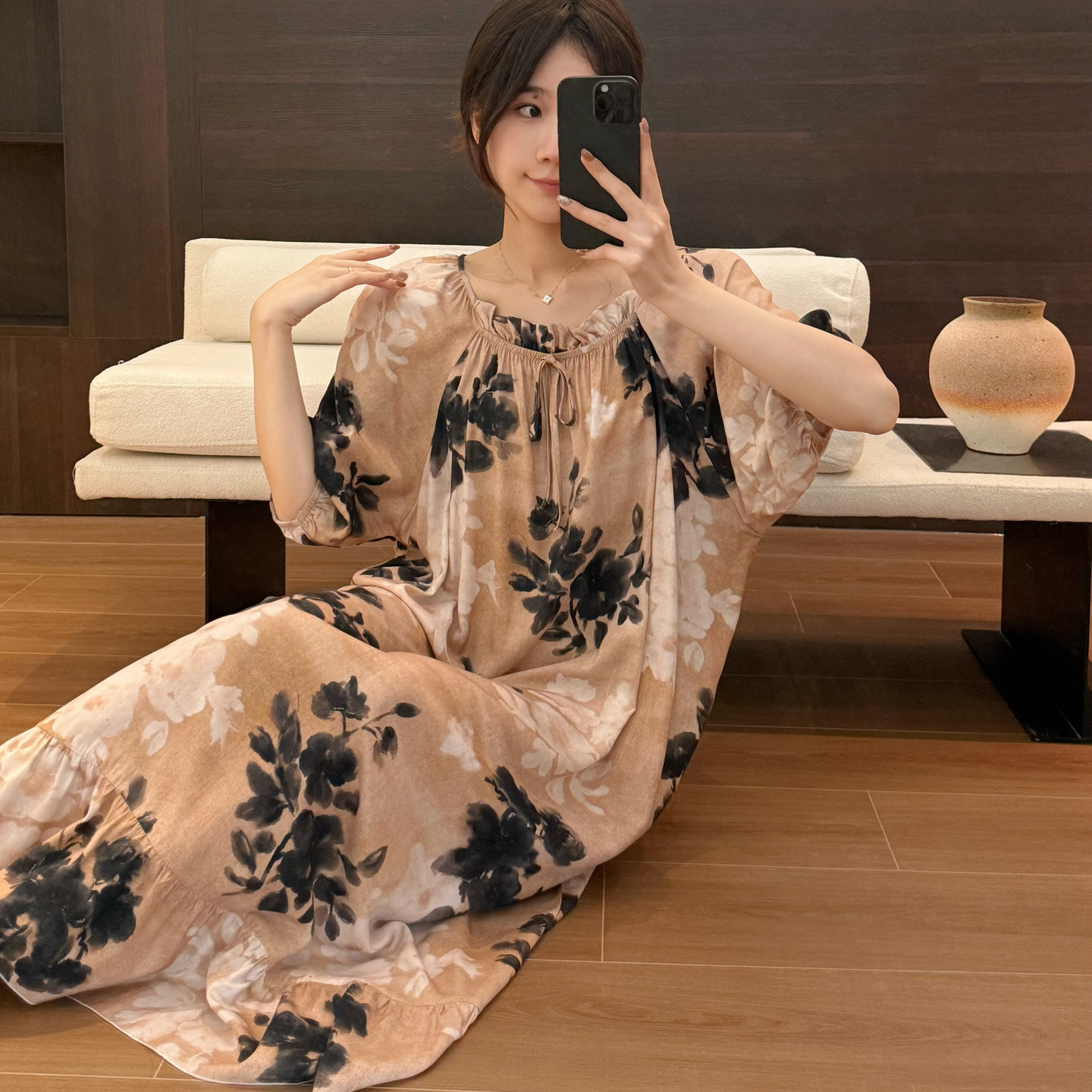 棉绸睡裙长款女夏裙子绵绸人造棉短袖中老年睡衣裙连衣裙薄款大码