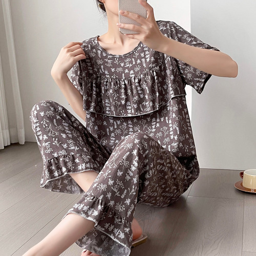 超火防凸点棉绸睡衣女春秋夏短袖长裤绵绸家居服妈妈人造棉薄套装