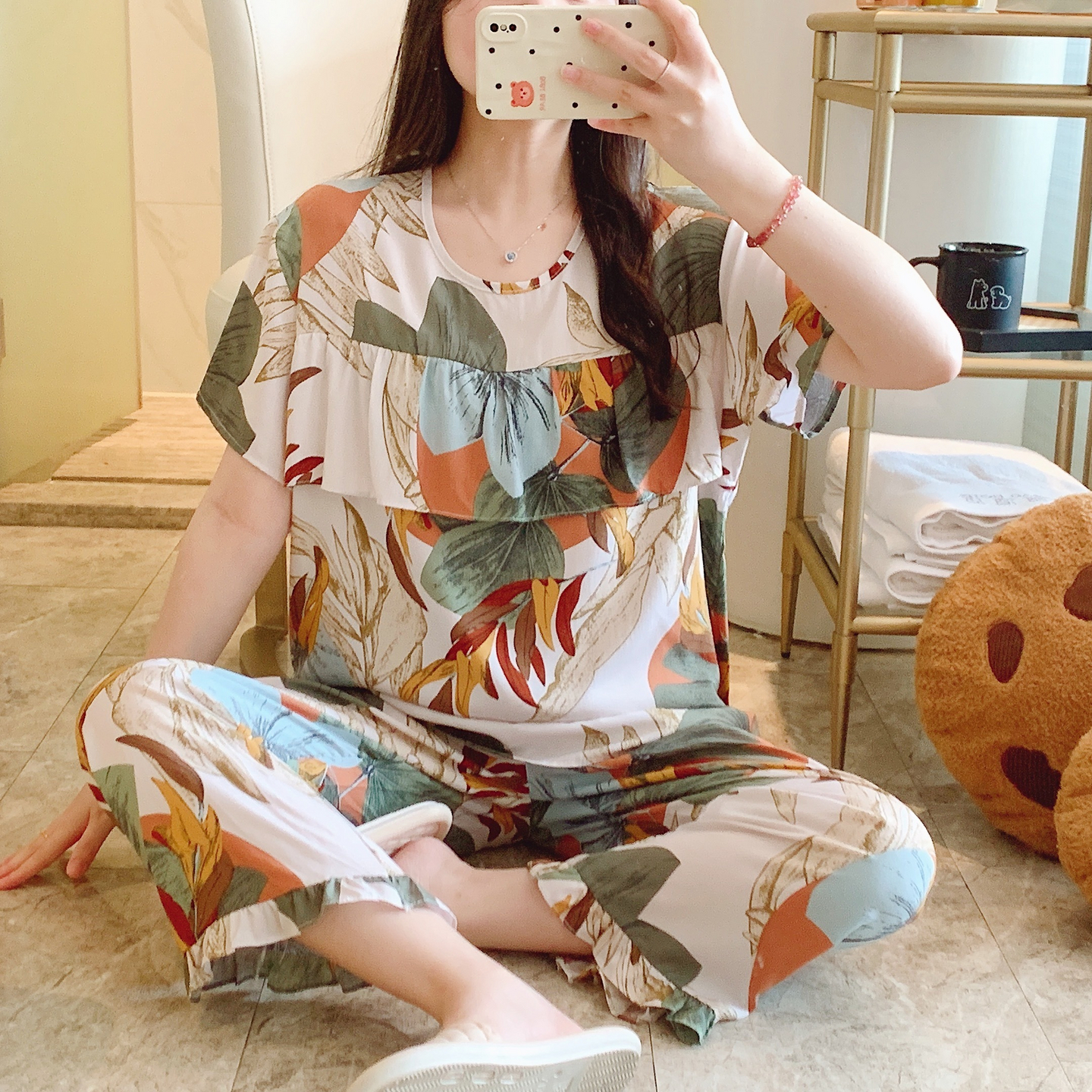 外穿防凸点棉绸睡衣女夏短袖长裤妈妈绵绸家居服人造棉薄老人套装