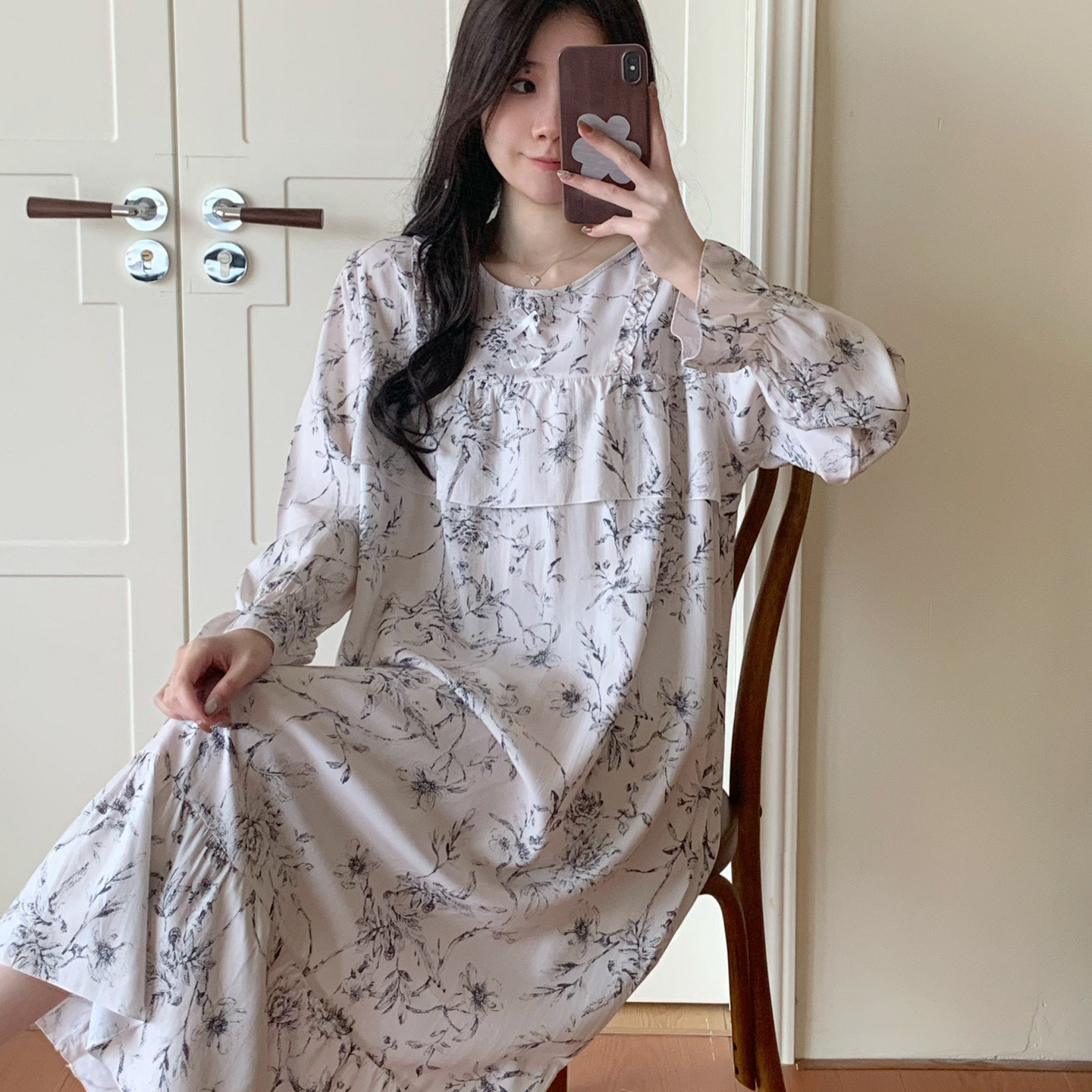 防凸点棉绸睡裙女夏长袖睡衣裙子绵绸人造棉连衣裙大码免胸垫外穿