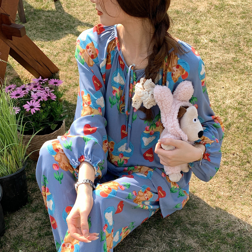 外穿棉绸睡衣女春秋夏长袖薄款绵绸妈妈家居服人造棉套装大码可爱