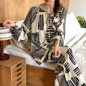 超火棉绸睡衣女春秋夏长袖绵绸妈妈家居服人造棉套装大码漂亮出门