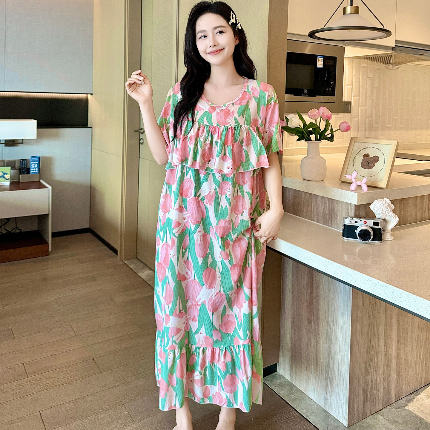 漂亮居家防凸点棉绸睡裙女夏短袖长款绵绸睡衣裙人造棉连衣裙大码